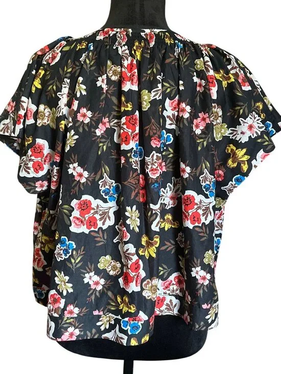 Floral Black Short-Sleeve Blouse With Tassel Tie Neck By Marc New York Jeans - S - Picture 3 of 6
